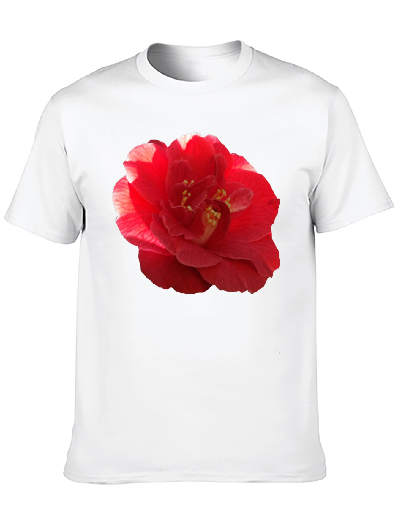 Red Camellia Flower Print Black T-Shirt