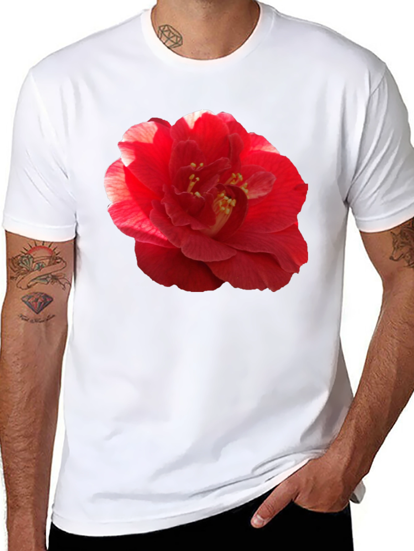 Red Camellia Flower Print Black T-Shirt
