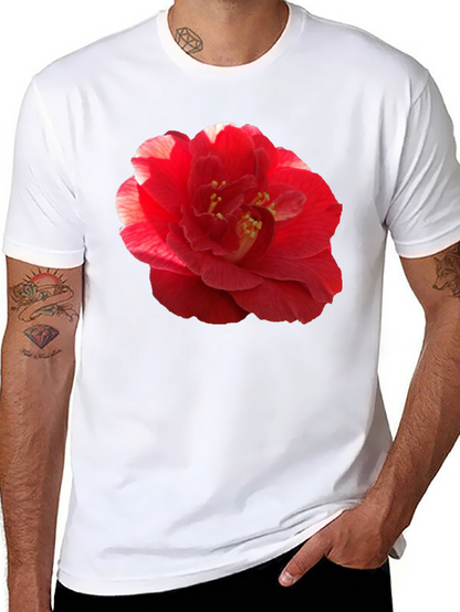 Red Camellia Flower Print Black T-Shirt