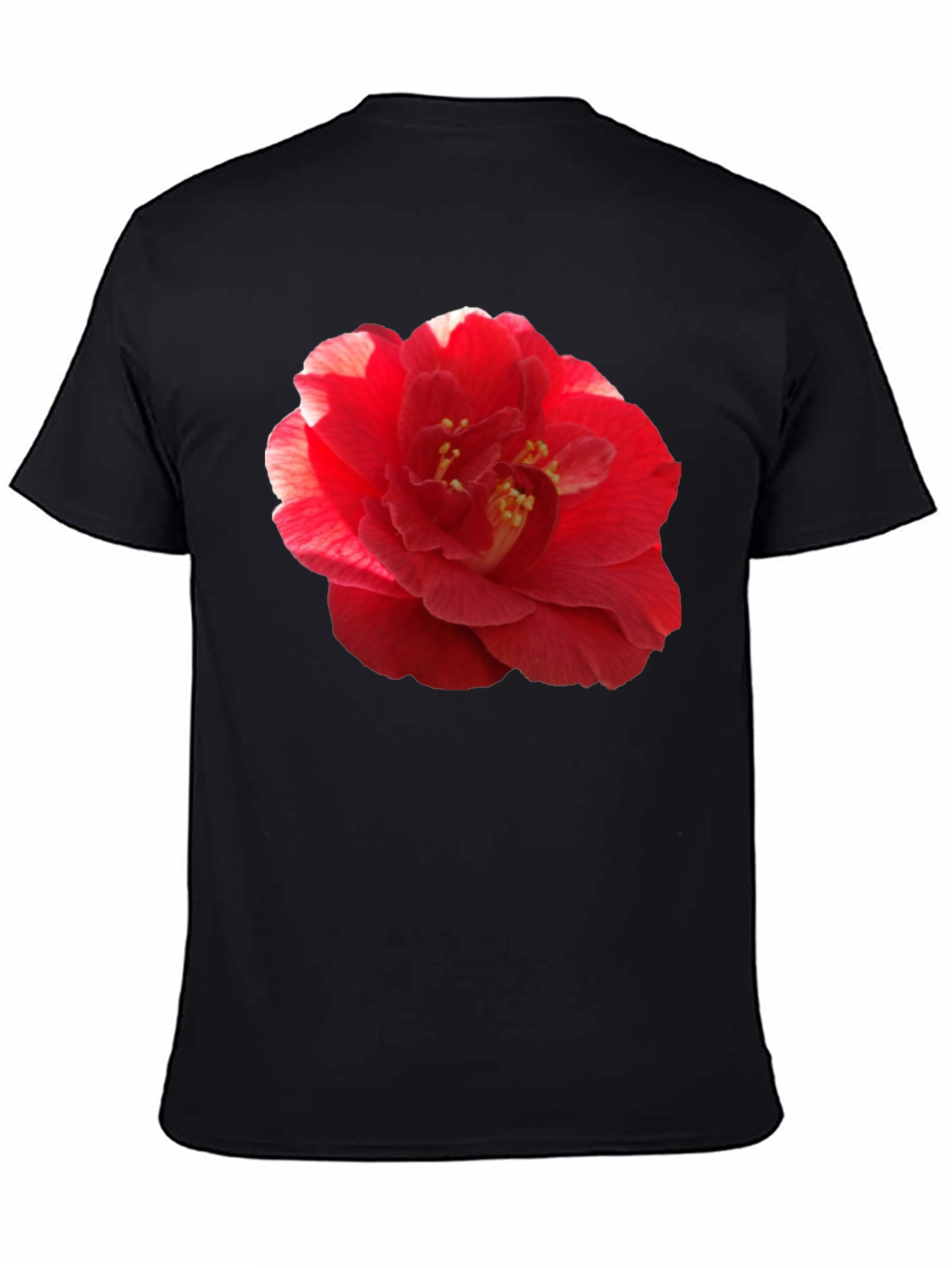 Red Camellia Flower Print Black T-Shirt