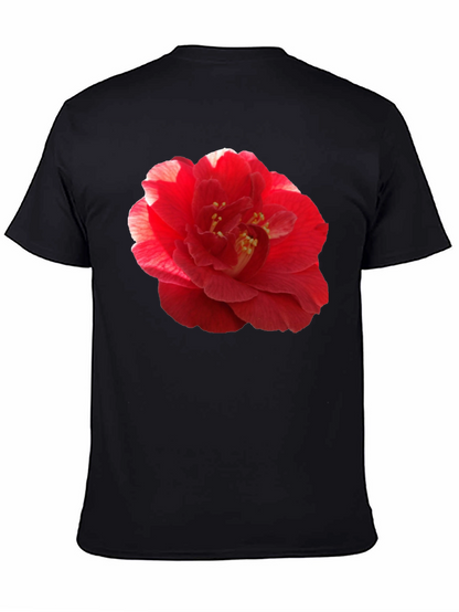 Red Camellia Flower Print Black T-Shirt