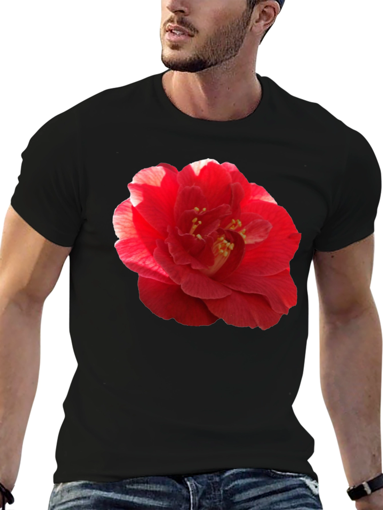 Red Camellia Flower Print Black T-Shirt