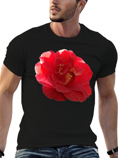 Red Camellia Flower Print Black T-Shirt