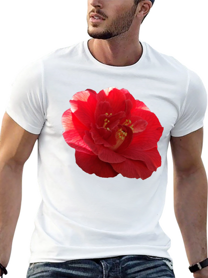 Red Camellia Flower Print Black T-Shirt