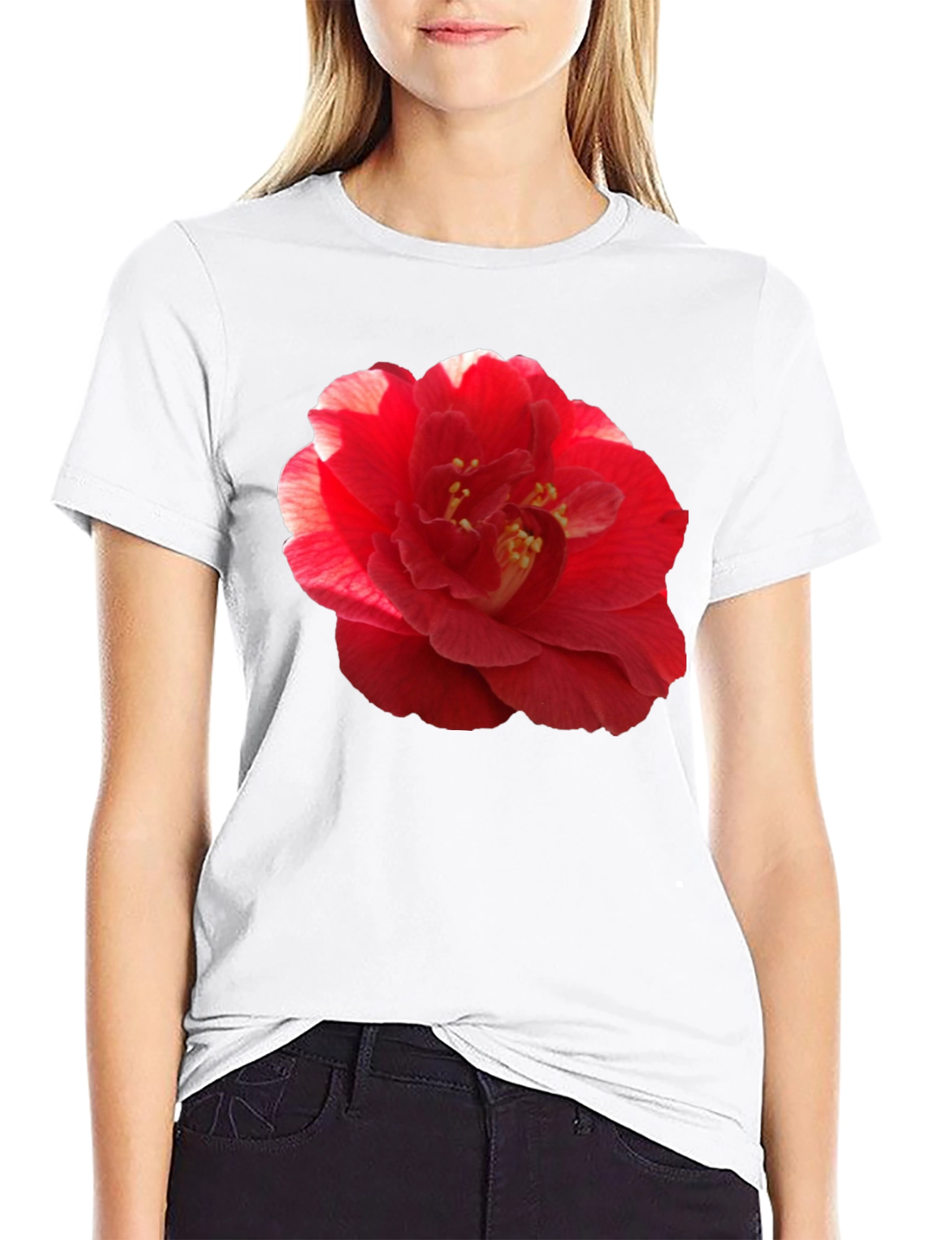 Red Camellia Flower Print Black T-Shirt
