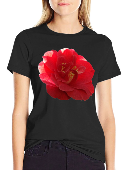 Red Camellia Flower Print Black T-Shirt
