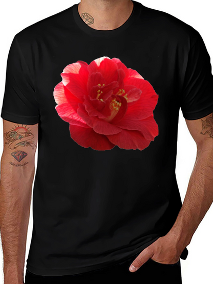 Red Camellia Flower Print Black T-Shirt