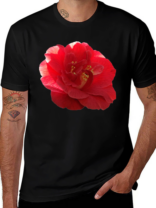 Red Camellia Flower Print Black T-Shirt