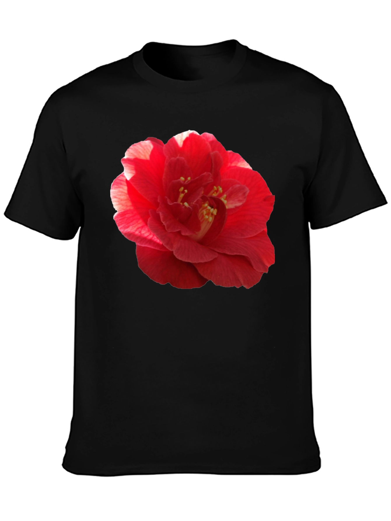 Red Camellia Flower Print Black T-Shirt