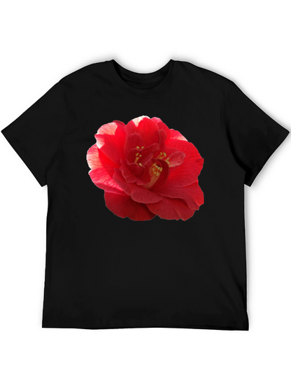 Red Camellia Flower Print Black T-Shirt
