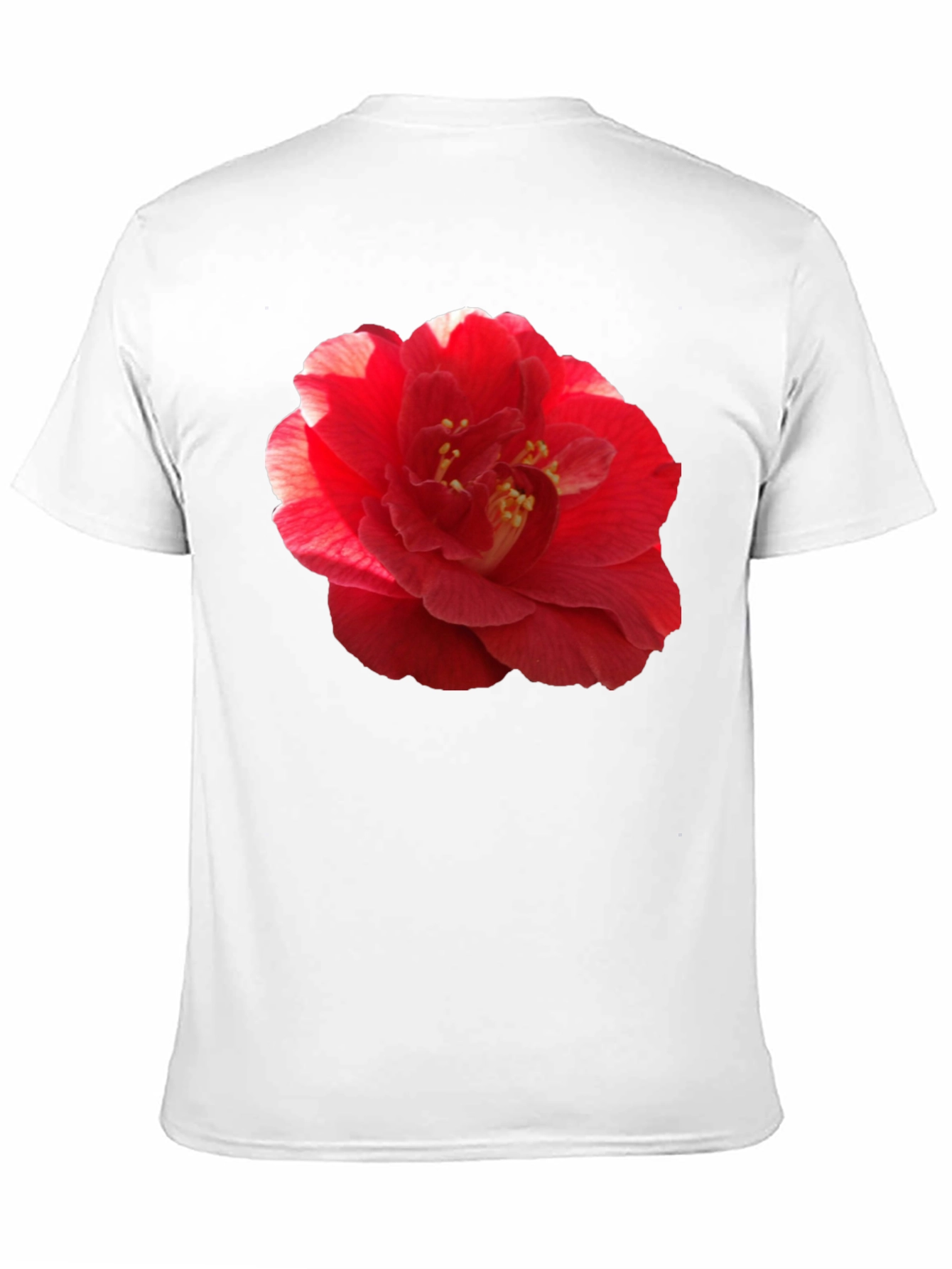 Red Camellia Flower Print Black T-Shirt