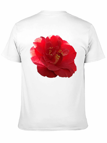 Red Camellia Flower Print Black T-Shirt