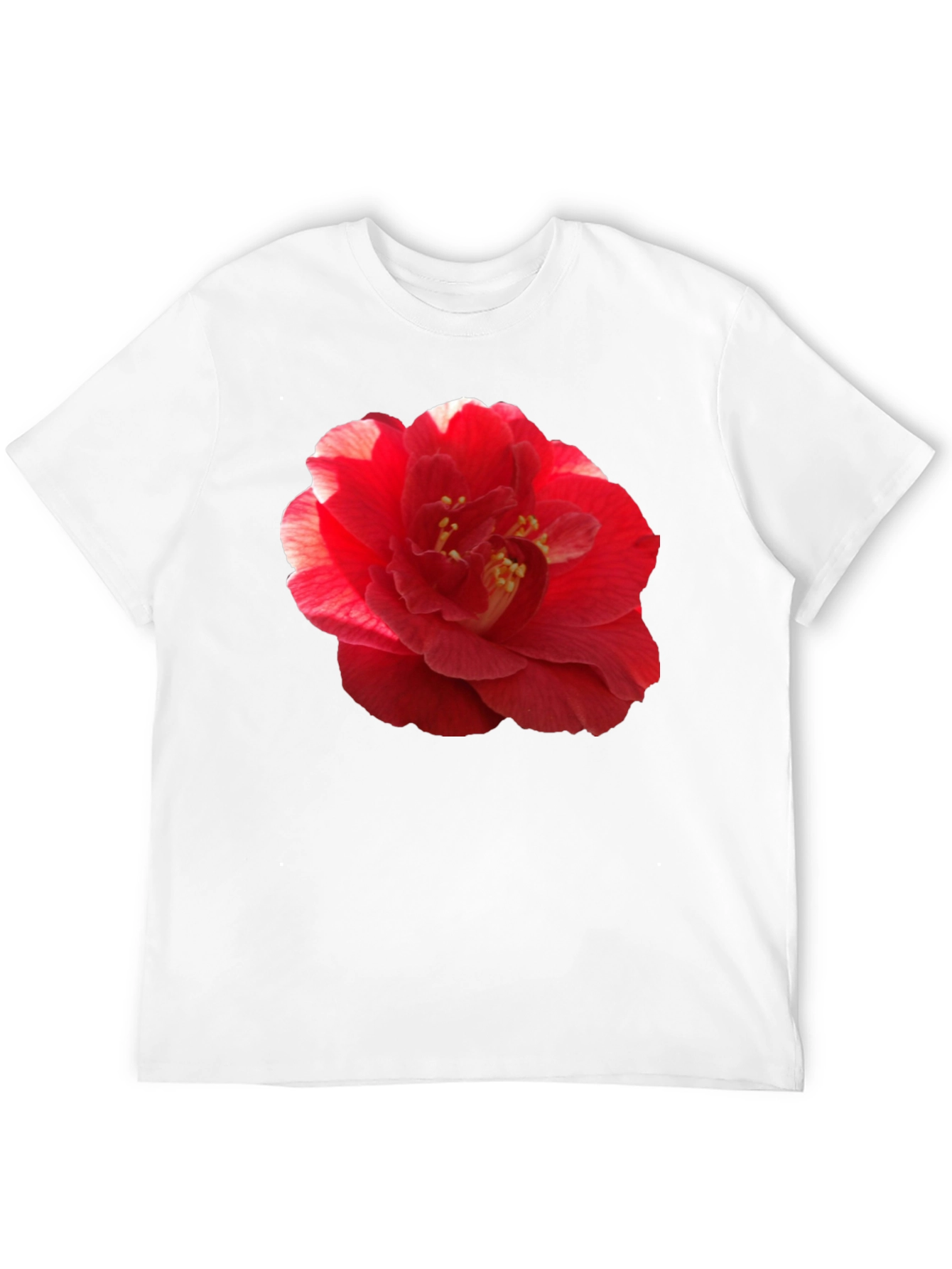 Red Camellia Flower Print Black T-Shirt