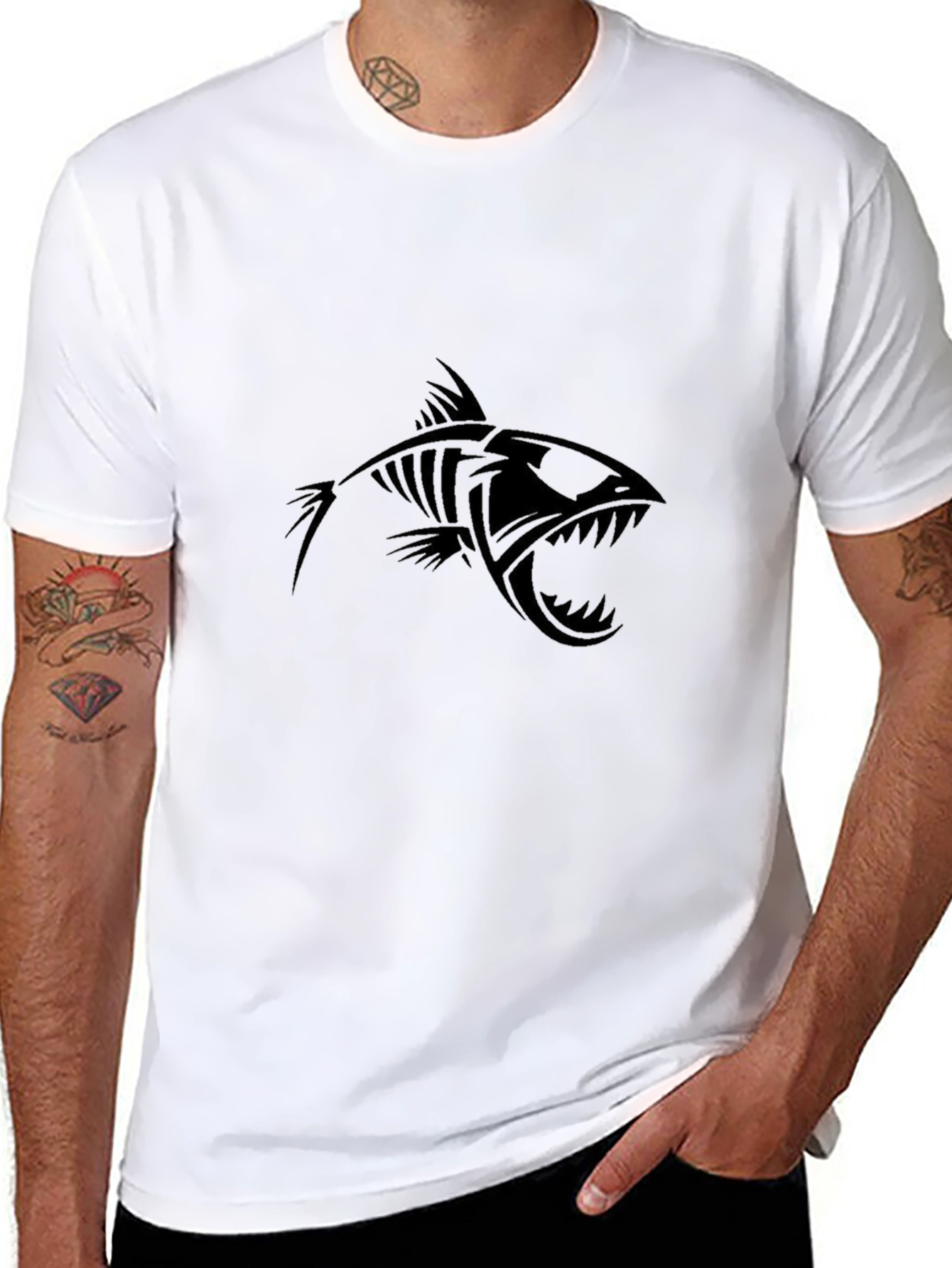 Edgy Fish Skeleton Graphic Black T-Shirt