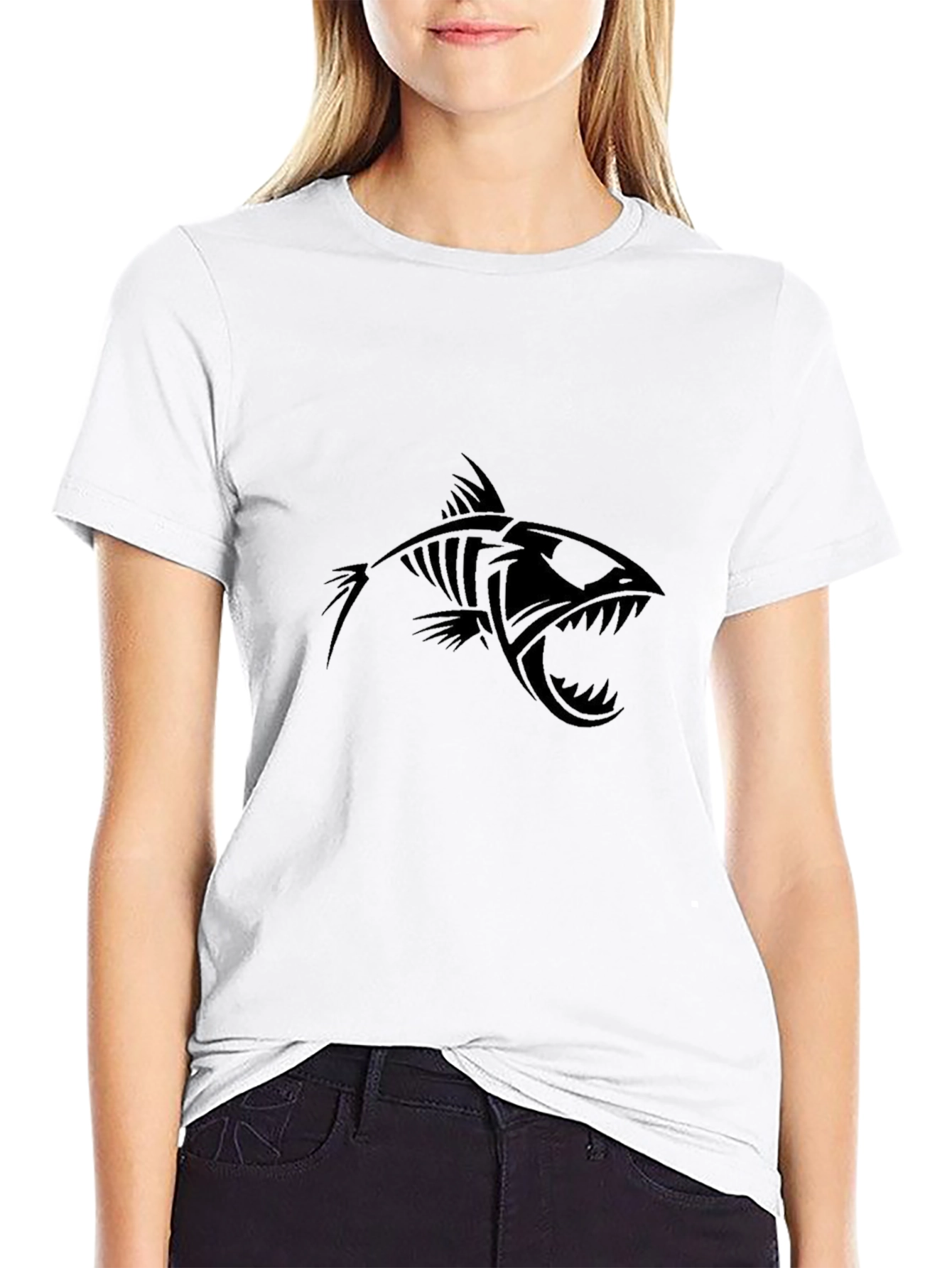 Edgy Fish Skeleton Graphic Black T-Shirt