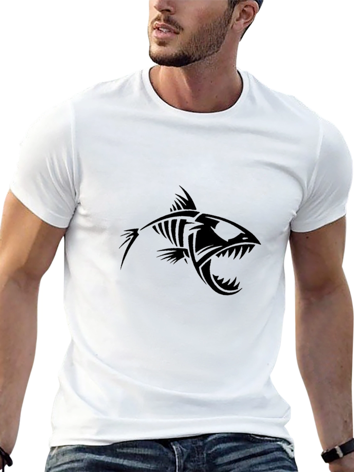 Edgy Fish Skeleton Graphic Black T-Shirt