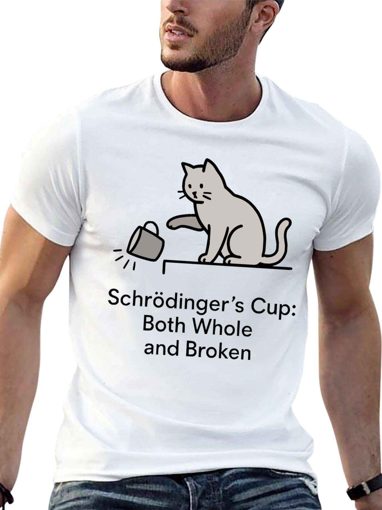 Schrödingers Cup Cat Graphic Tee - Funny Physics T-Shirt