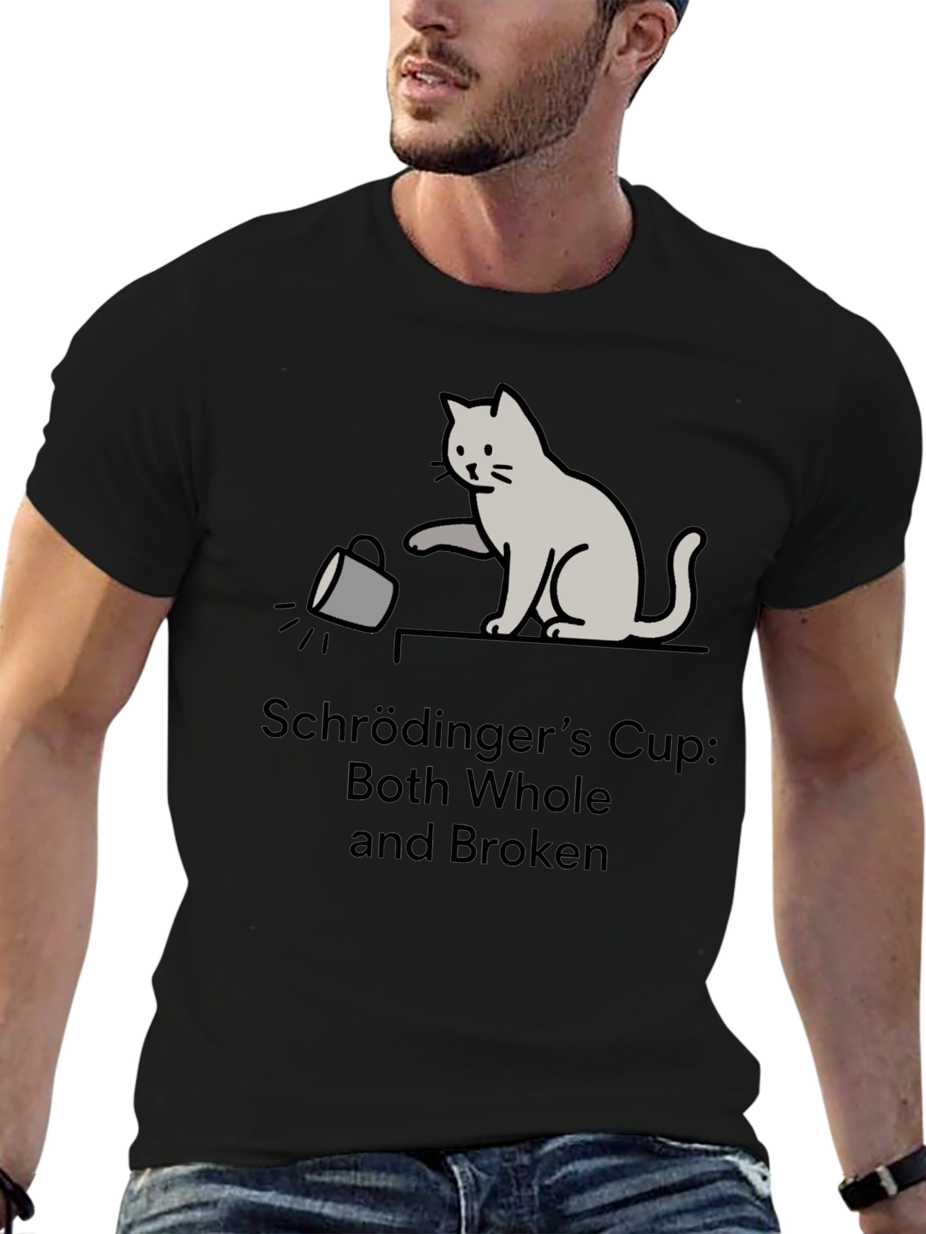 Schrödingers Cup Cat Graphic Tee - Funny Physics T-Shirt
