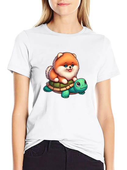 Cute Dog Riding Turtle Graphic T-Shirt