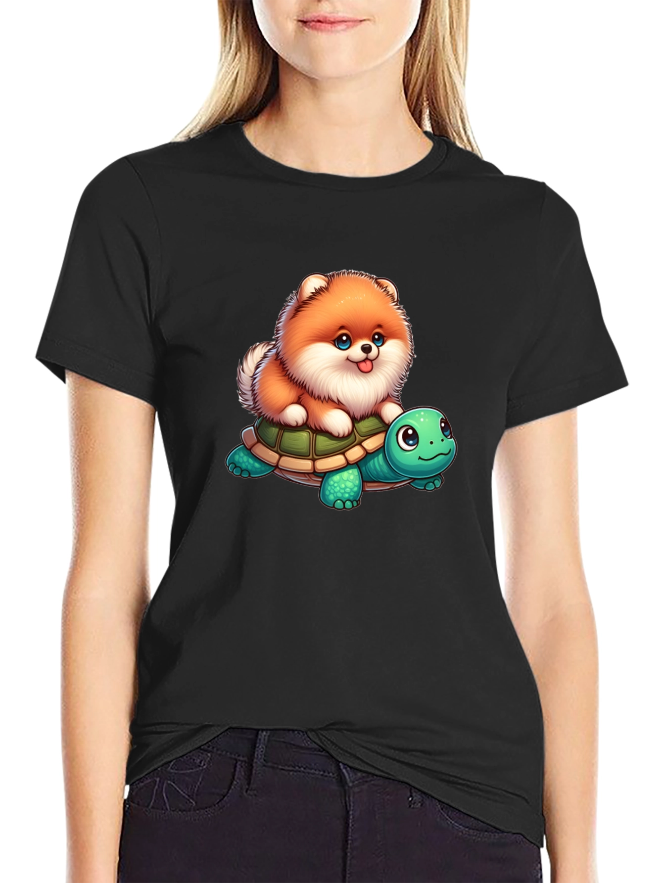 Cute Dog Riding Turtle Graphic T-Shirt