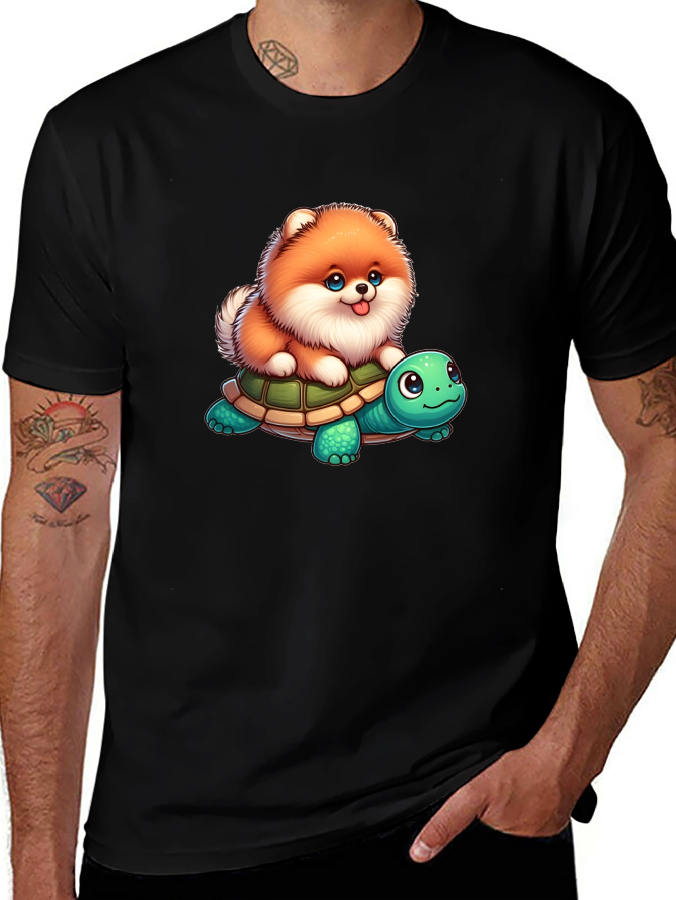 Cute Dog Riding Turtle Graphic T-Shirt