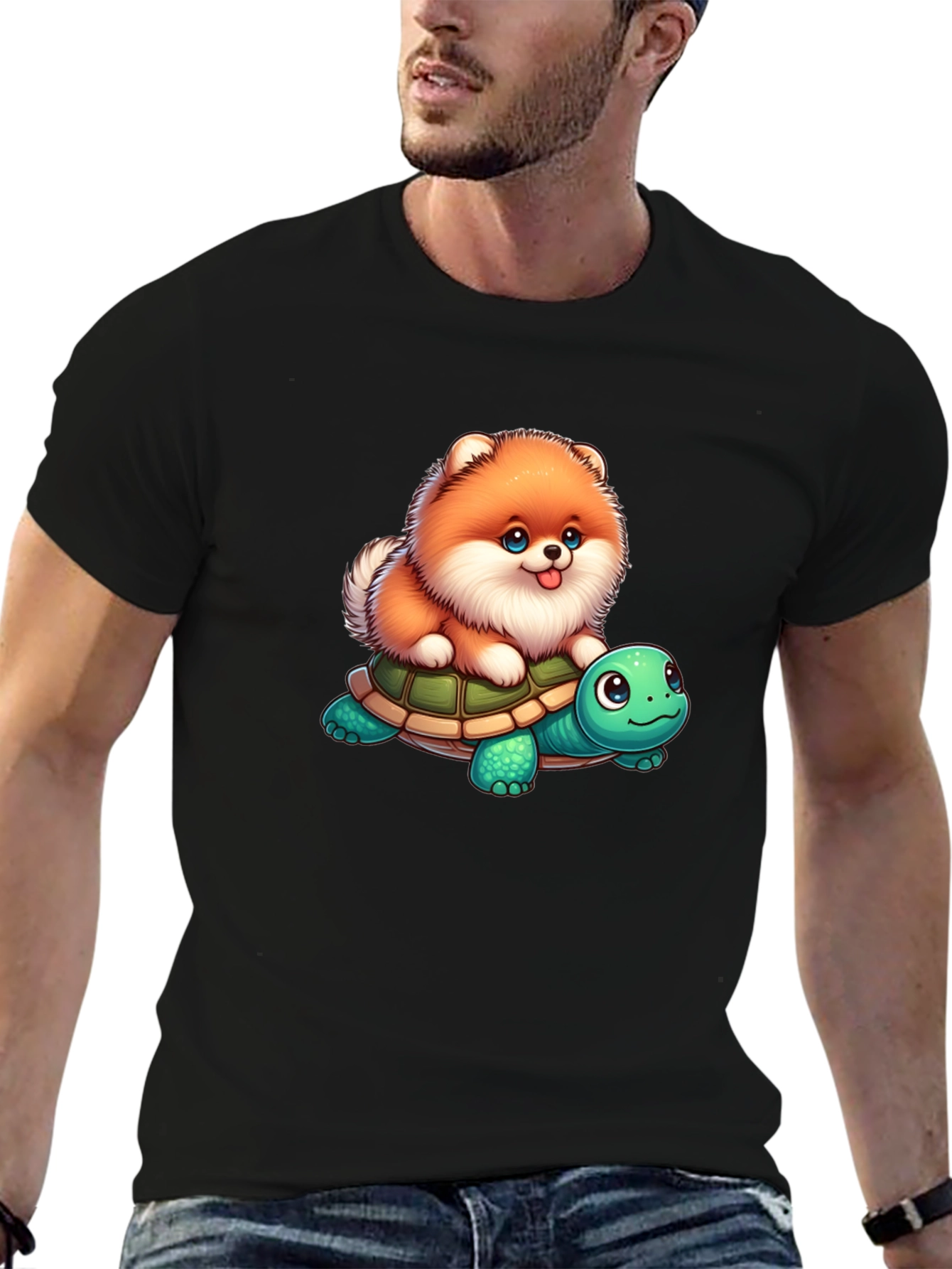 Cute Dog Riding Turtle Graphic T-Shirt