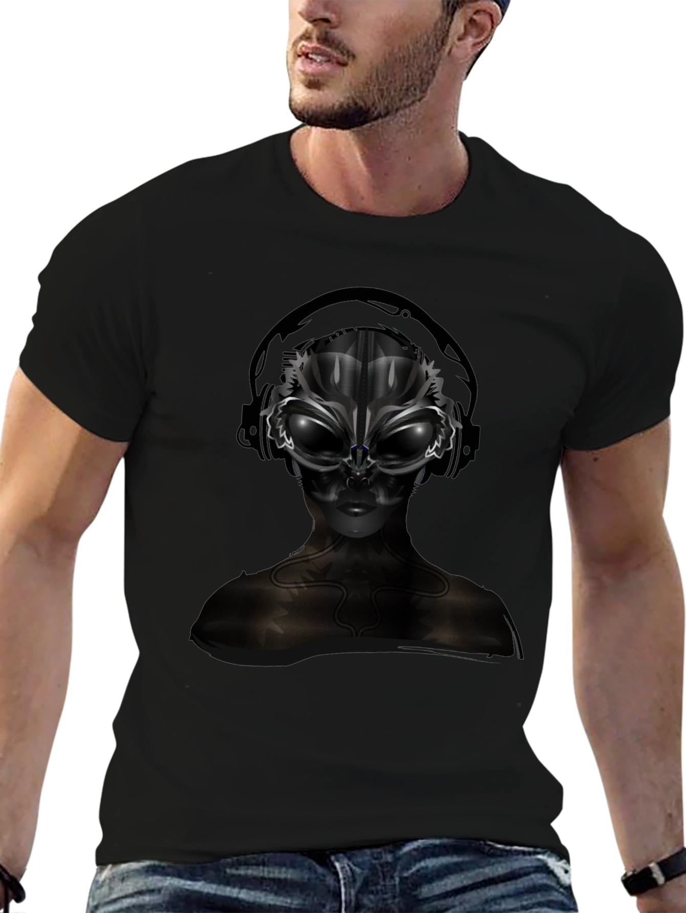 Alien DJ Black T-Shirt - Futuristic Graphic Tee