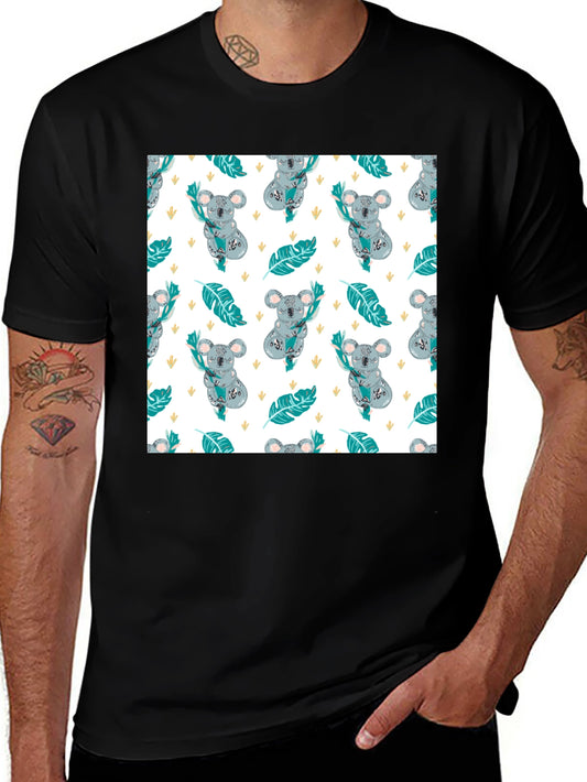 Koala Pattern Tee: Adorable Black Cotton T-Shirt