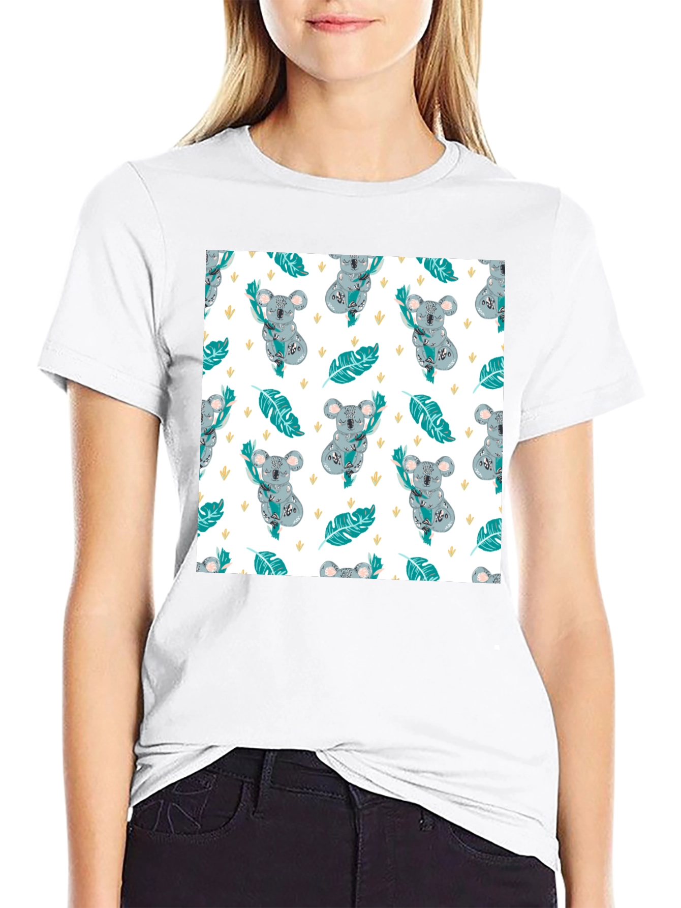 Koala Pattern Tee: Adorable Black Cotton T-Shirt