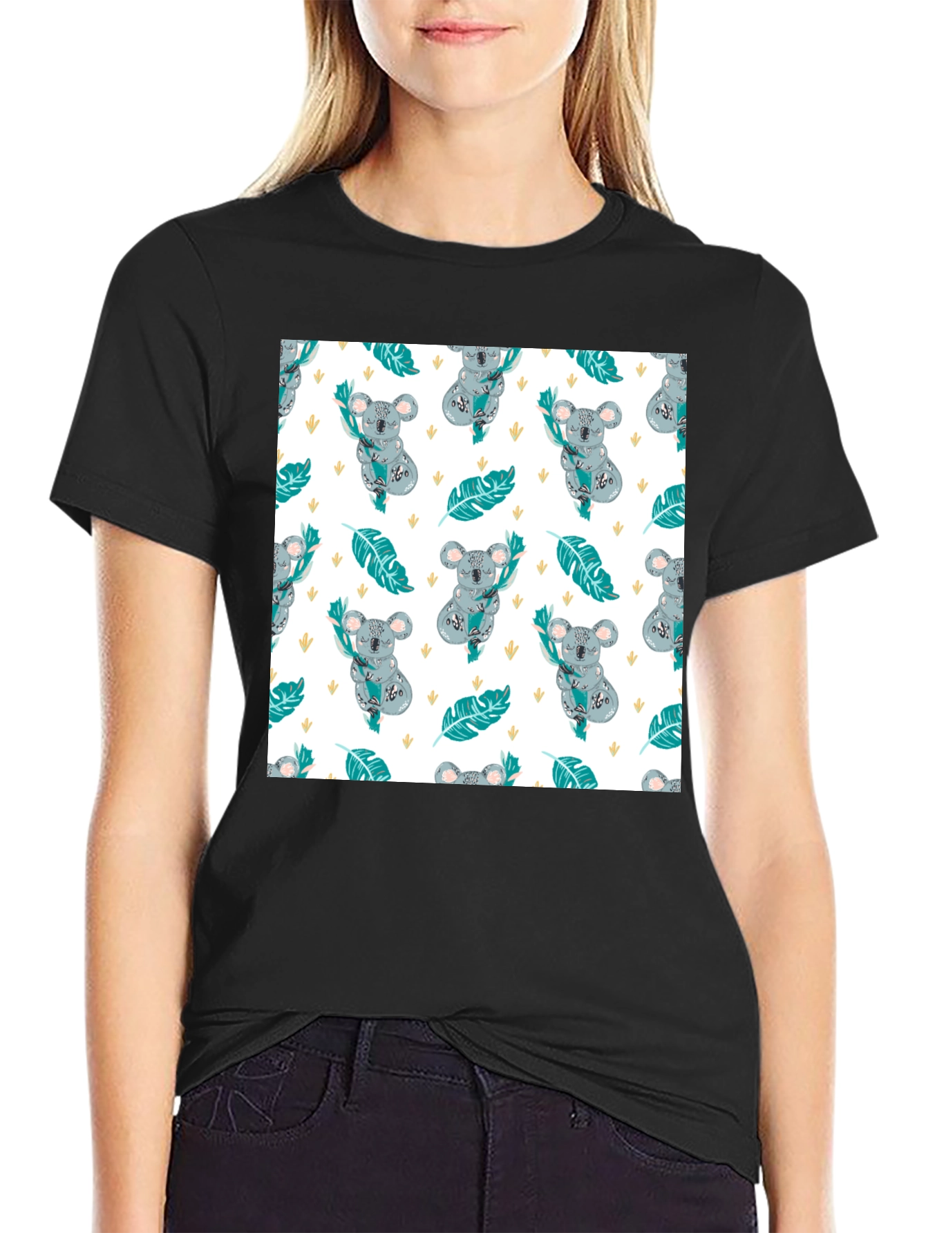 Koala Pattern Tee: Adorable Black Cotton T-Shirt