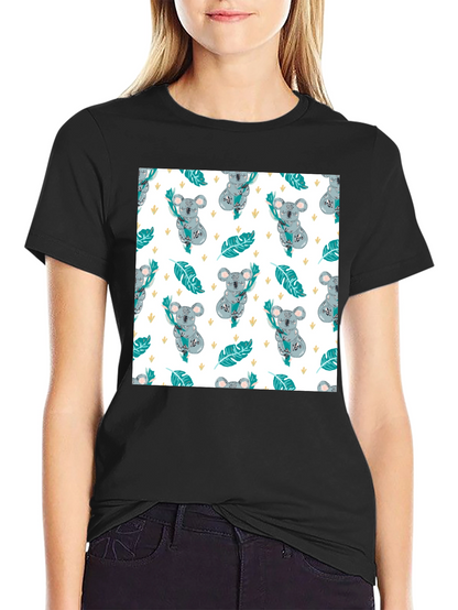 Koala Pattern Tee: Adorable Black Cotton T-Shirt