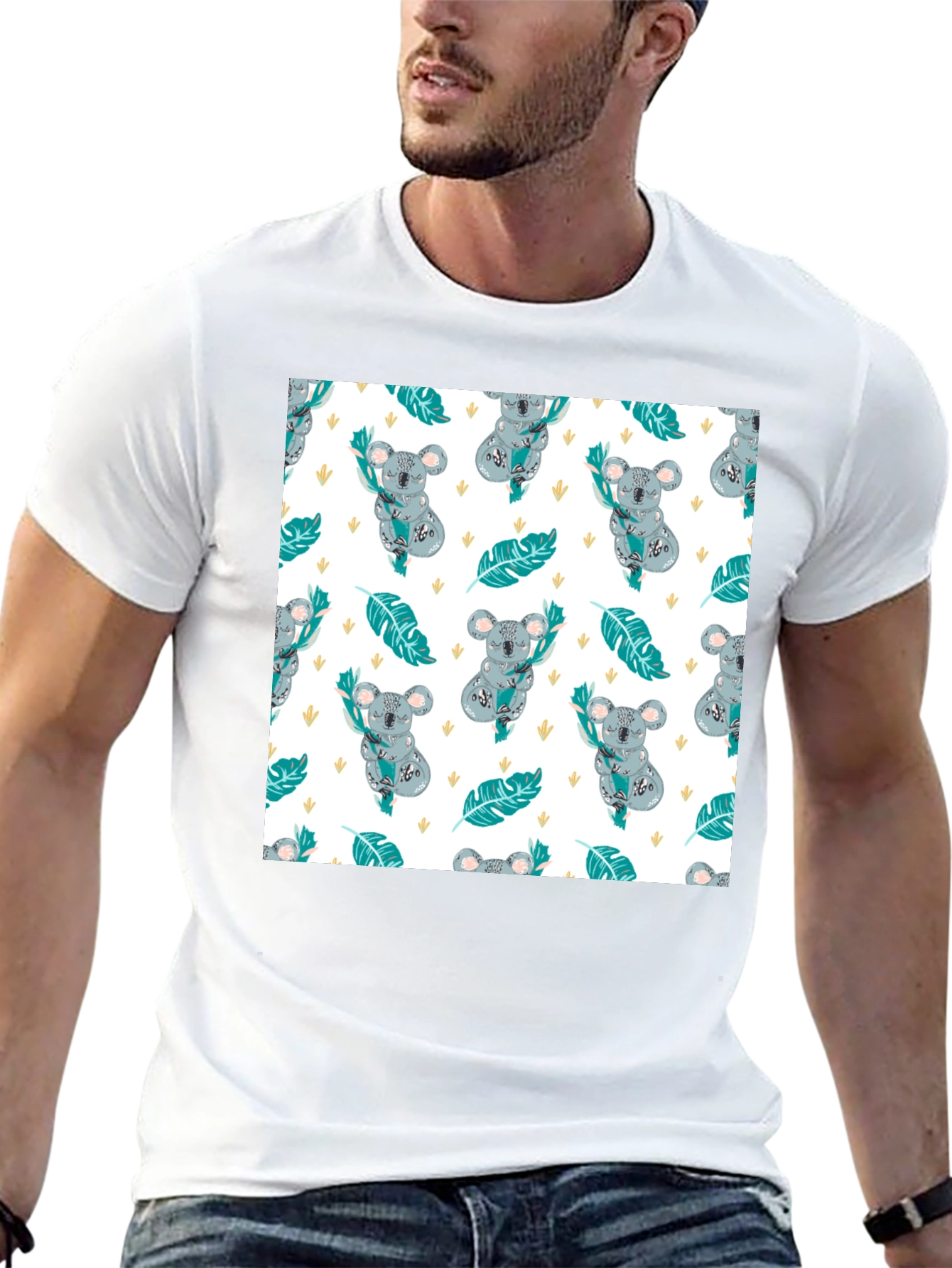 Koala Pattern Tee: Adorable Black Cotton T-Shirt