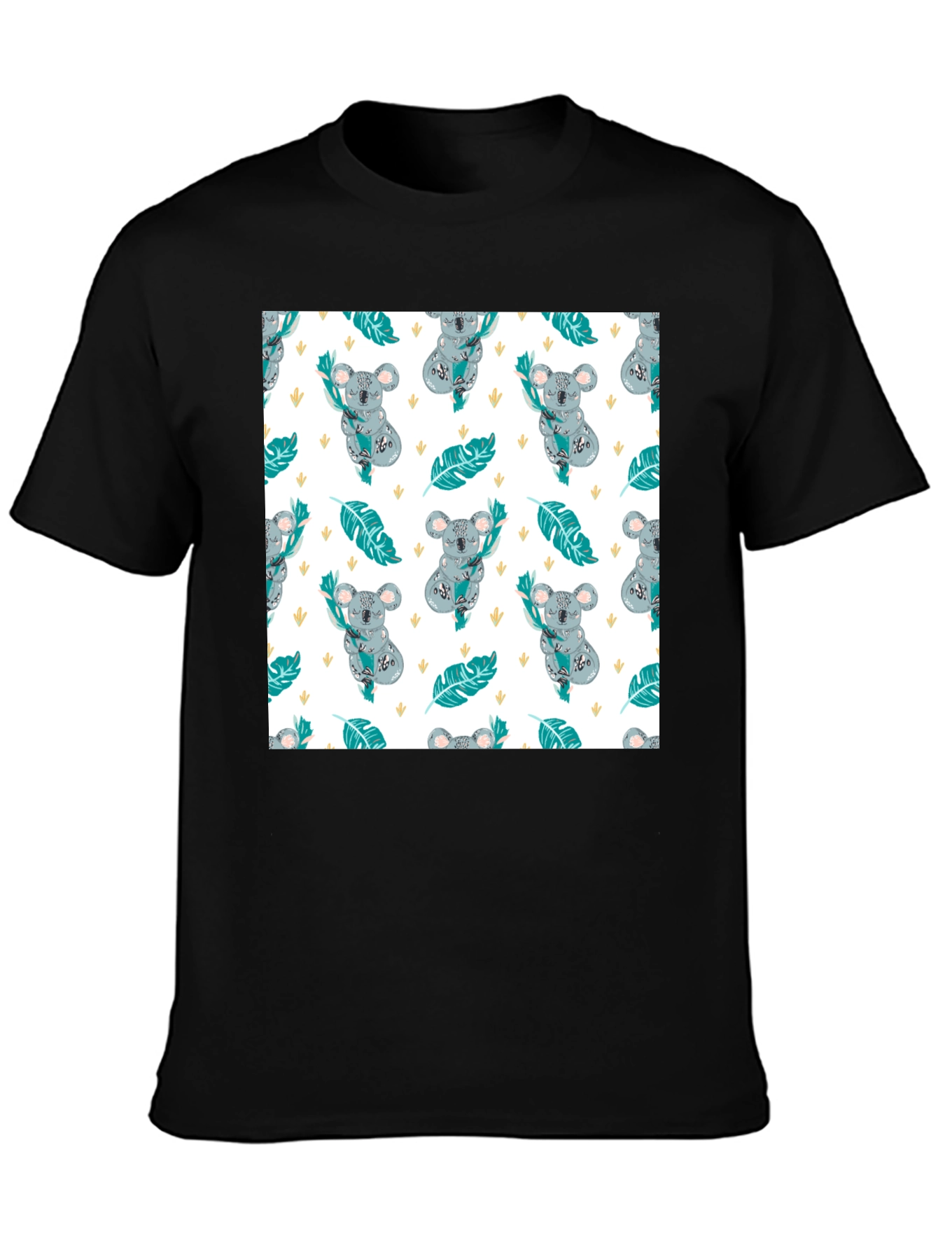 Koala Pattern Tee: Adorable Black Cotton T-Shirt