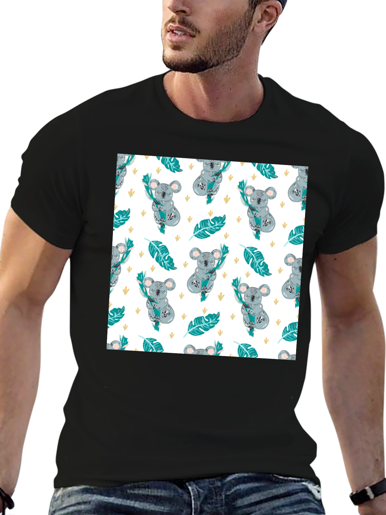 Koala Pattern Tee: Adorable Black Cotton T-Shirt