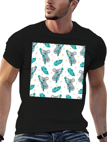 Koala Pattern Tee: Adorable Black Cotton T-Shirt