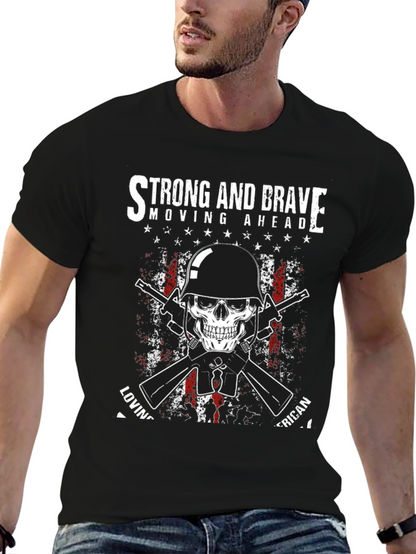 Strong & Brave Patriotic Skull Graphic T-Shirt