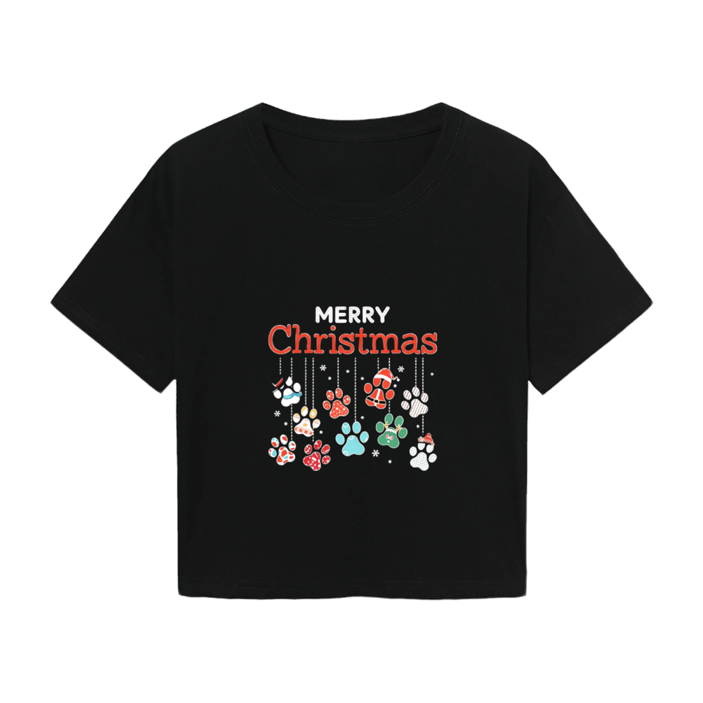 Colorful Dog Paw Print Merry Christmas Crop T?Shirt