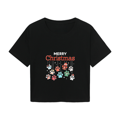 Colorful Dog Paw Print Merry Christmas Crop T?Shirt