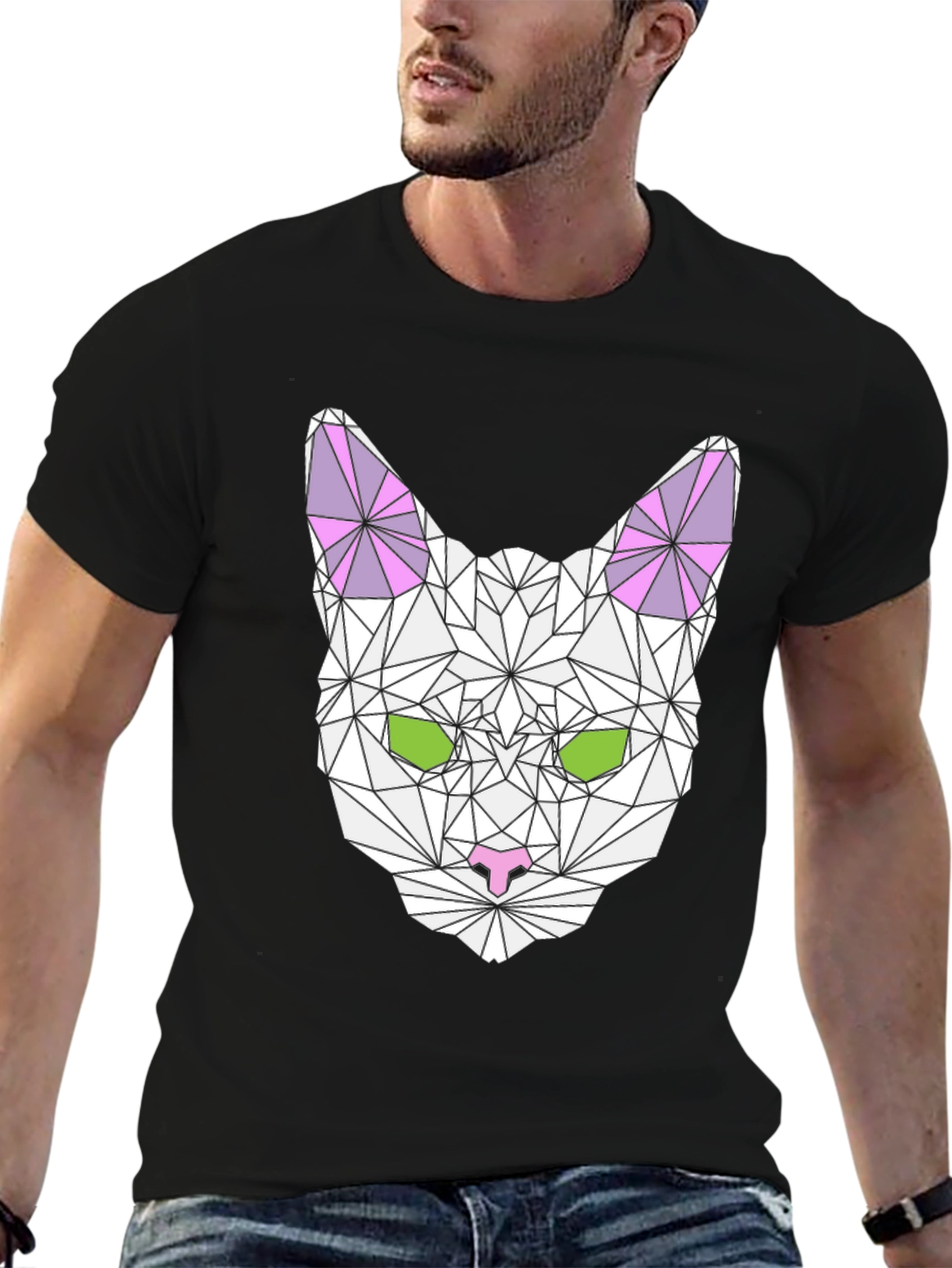 Geometric Cat Graphic Tee - Stylish & Unique