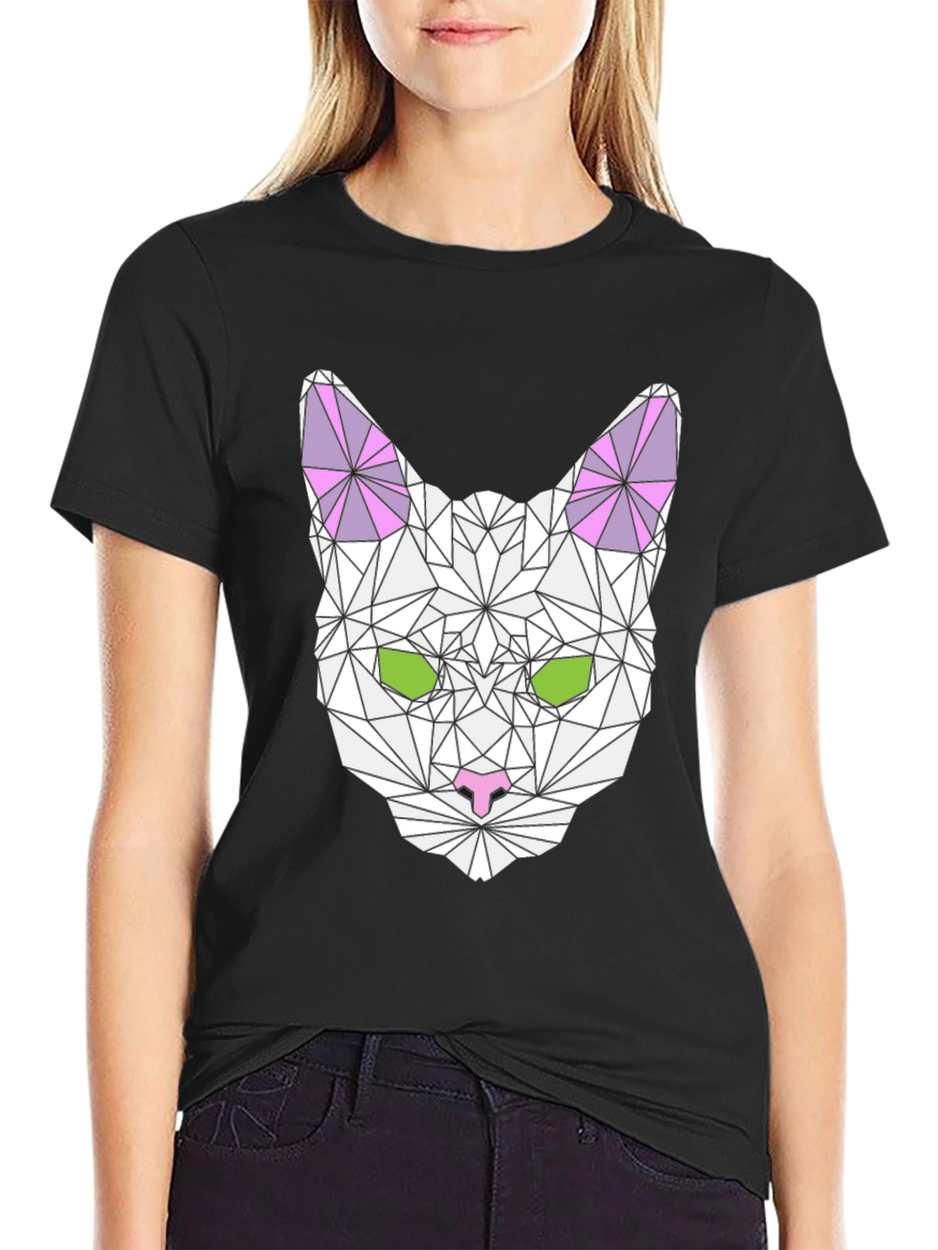 Geometric Cat Graphic Tee - Stylish & Unique