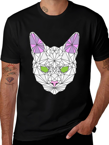 Geometric Cat Graphic Tee - Stylish & Unique