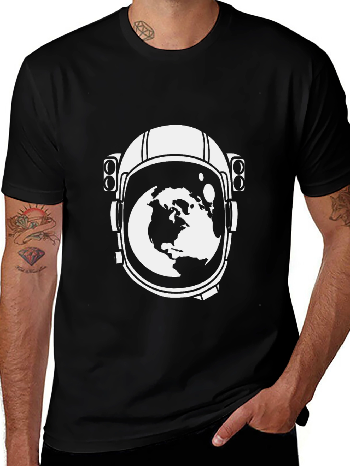 Astronaut Helmet Earth Graphic T-Shirt - Black