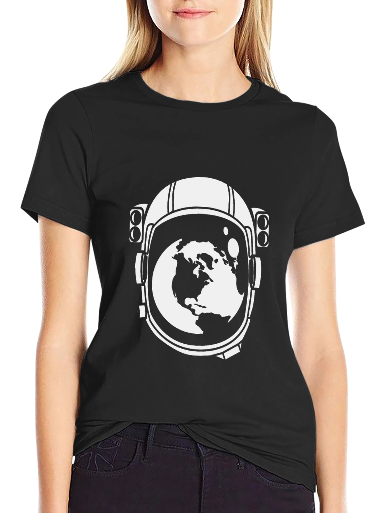 Astronaut Helmet Earth Graphic T-Shirt - Black