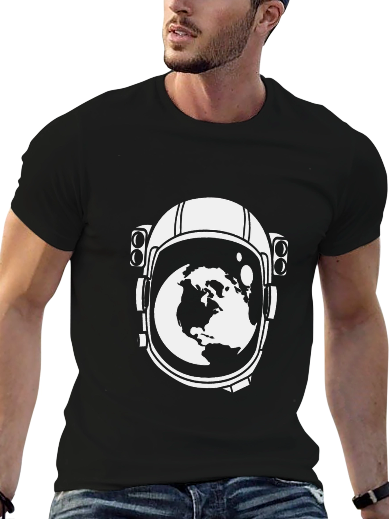 Astronaut Helmet Earth Graphic T-Shirt - Black