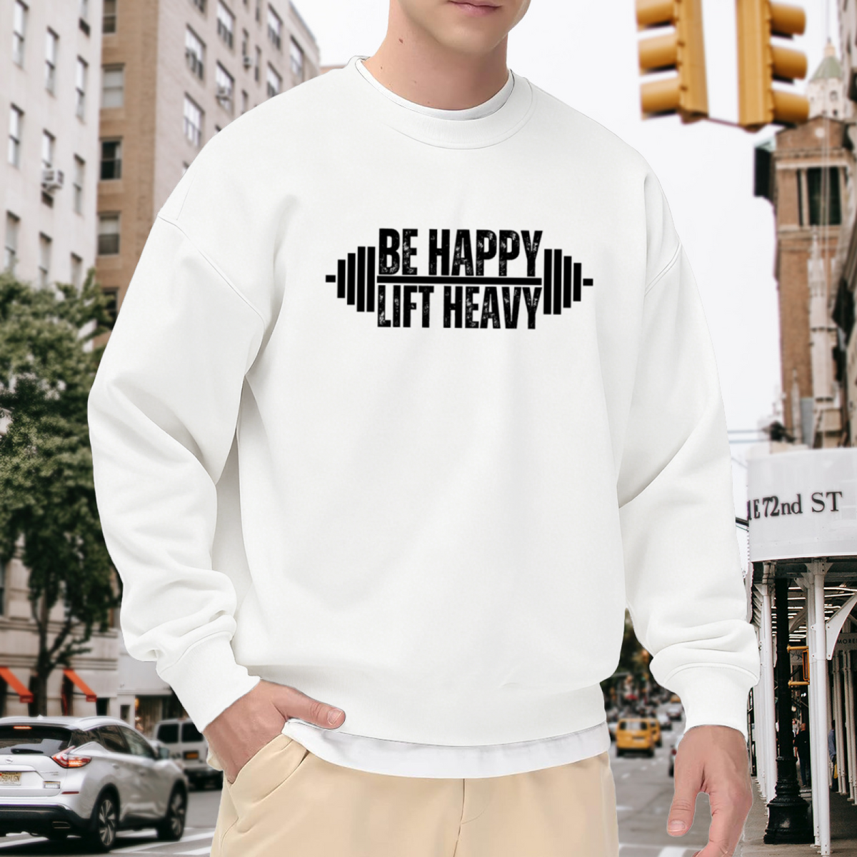 Be Happy Lift Heavy Crewneck Sweatshirt - Gym Motivation Barbell Fitness Pullover