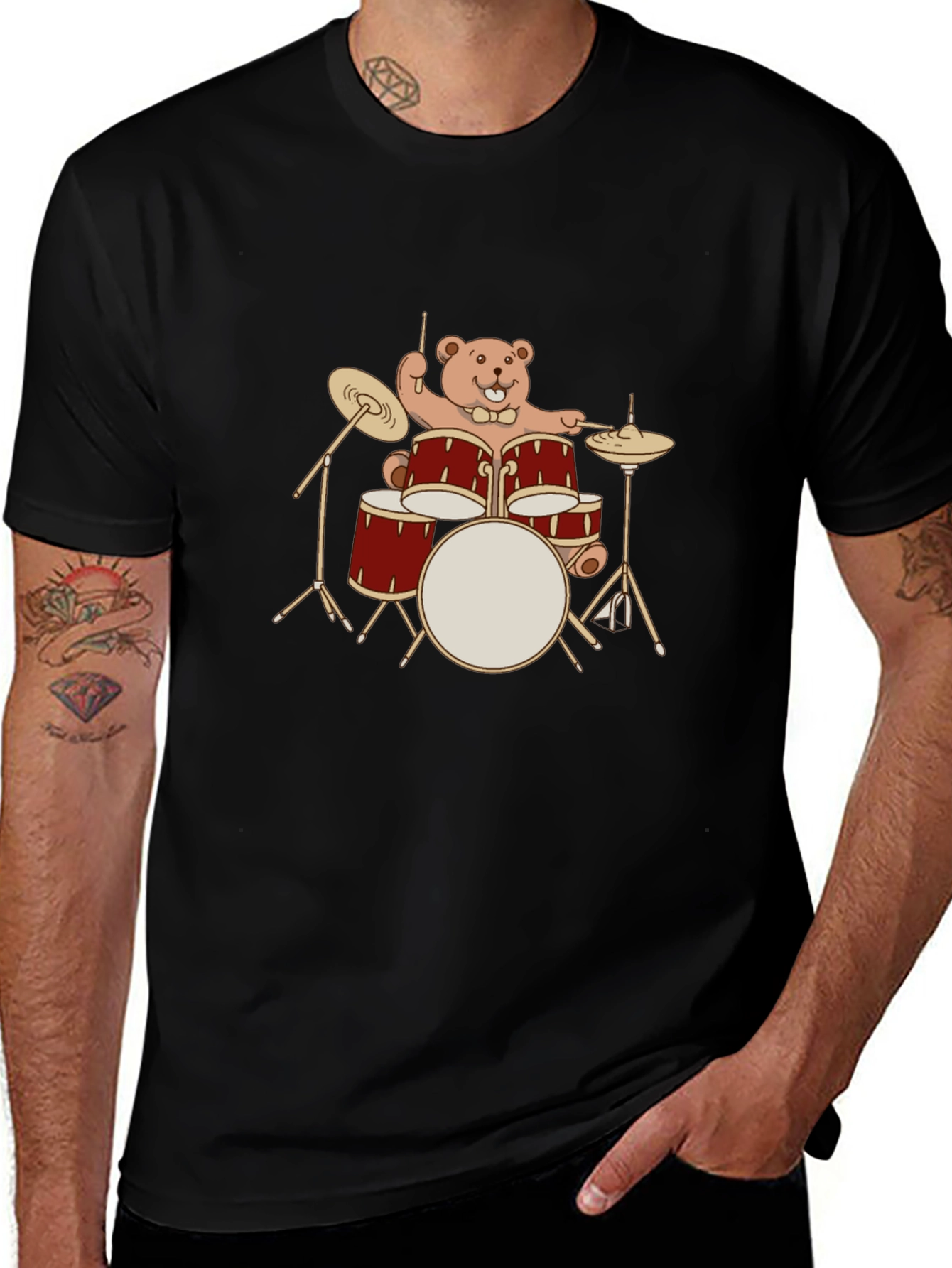 Drummer Bear T-Shirt - Black Crew Neck Tee