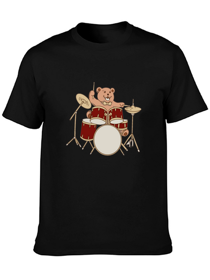 Drummer Bear T-Shirt - Black Crew Neck Tee
