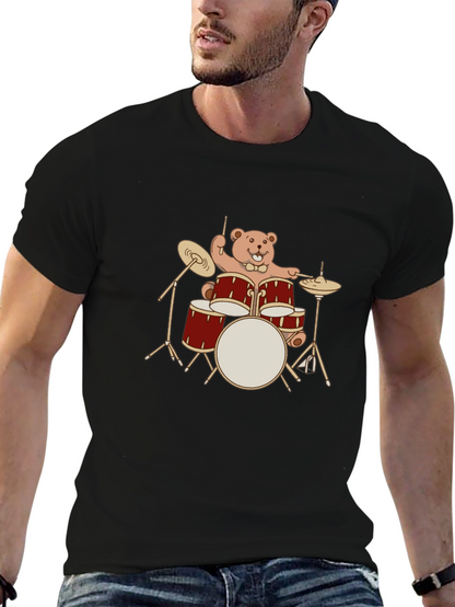 Drummer Bear T-Shirt - Black Crew Neck Tee
