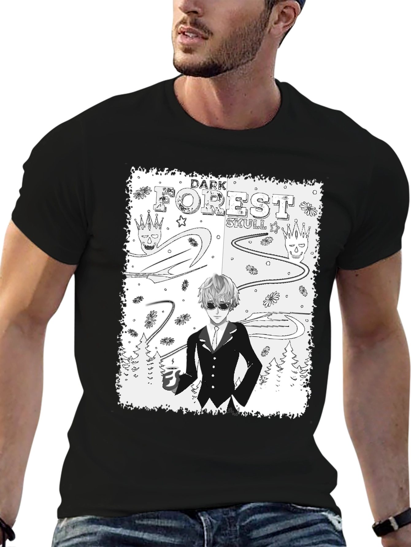 Dark Forest Skull Graphic Print T-Shirt