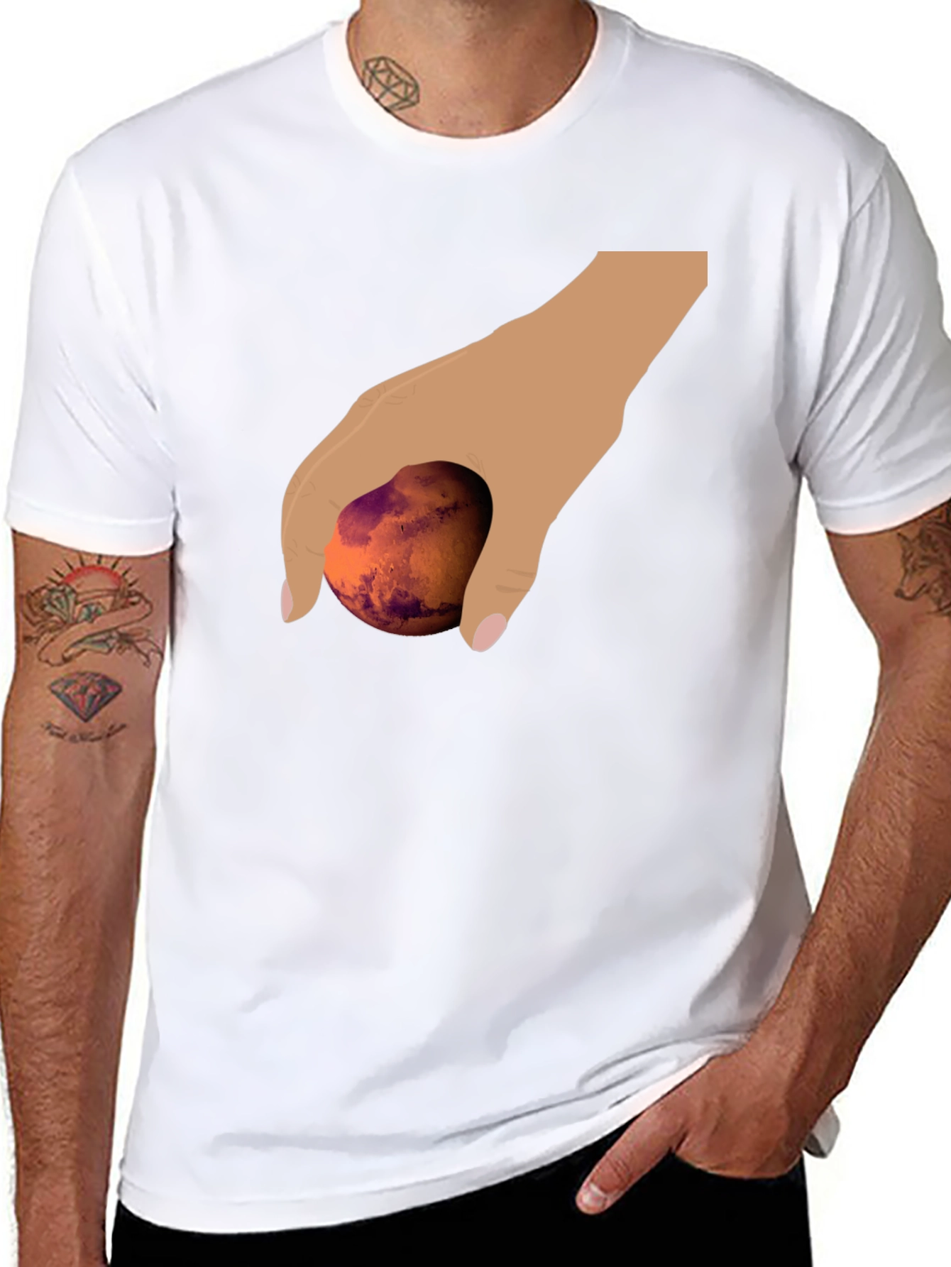 Hand Holding Mars Graphic T-Shirt - Unique Planet Tee